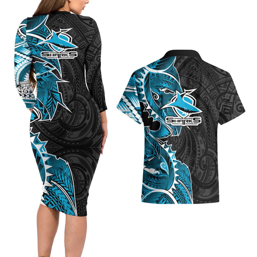 Cronulla Sharks Couples Matching Long Sleeve Bodycon Dress and Hawaiian Shirt Polynesian Tribal Tattoo Pacific Sport Art