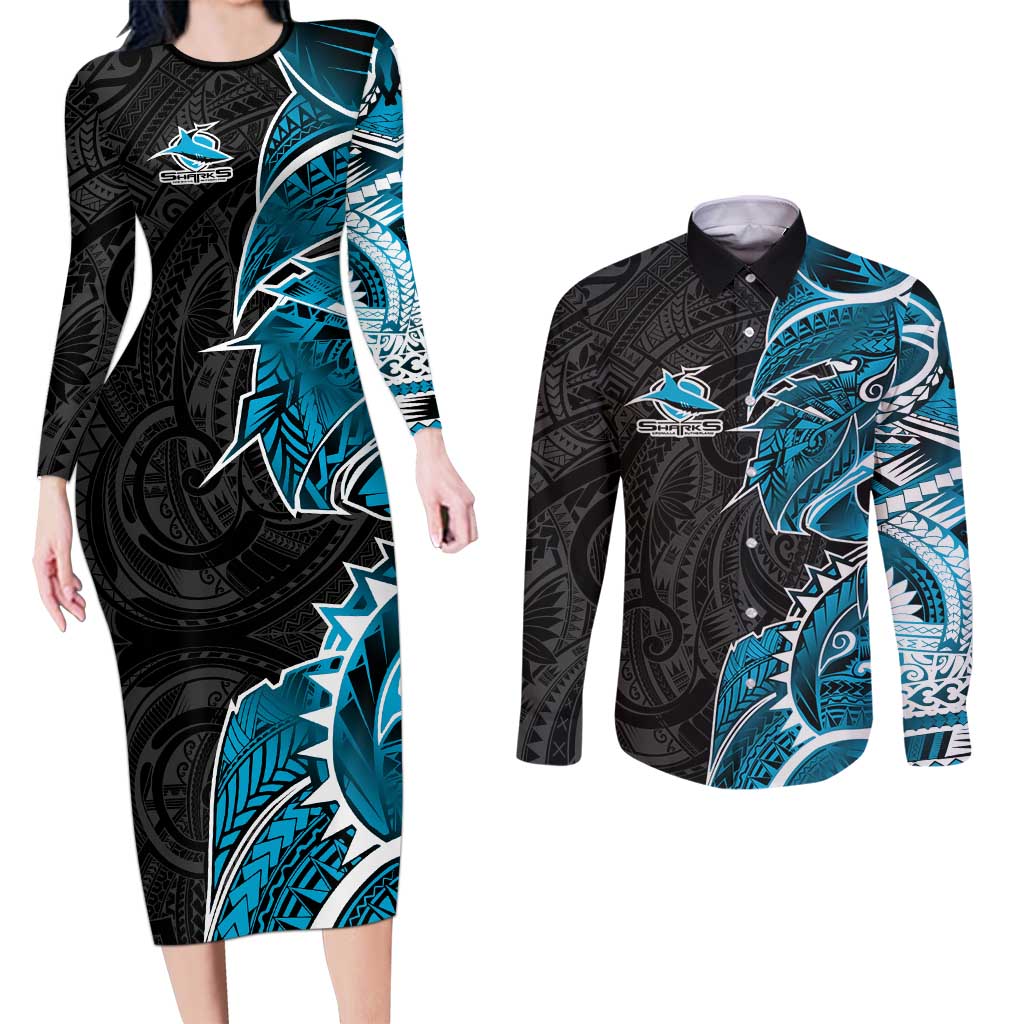 Cronulla Sharks Couples Matching Long Sleeve Bodycon Dress and Long Sleeve Button Shirt Polynesian Tribal Tattoo Pacific Sport Art