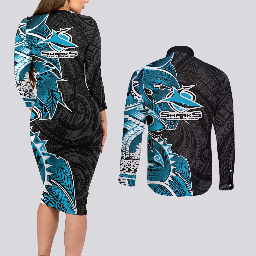 Cronulla Sharks Couples Matching Long Sleeve Bodycon Dress and Long Sleeve Button Shirt Polynesian Tribal Tattoo Pacific Sport Art