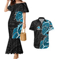 Cronulla Sharks Couples Matching Mermaid Dress and Hawaiian Shirt Polynesian Tribal Tattoo Pacific Sport Art