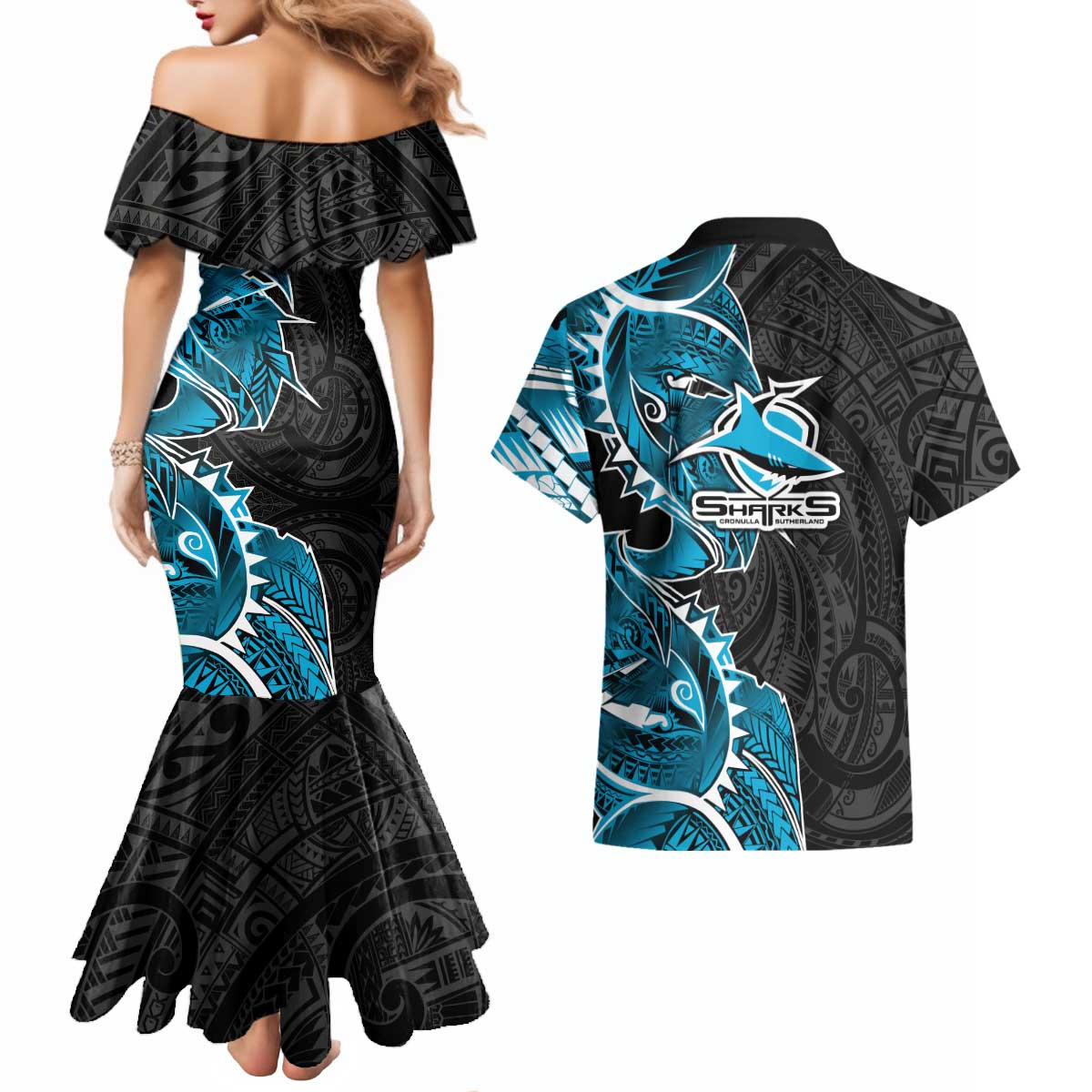 Cronulla Sharks Couples Matching Mermaid Dress and Hawaiian Shirt Polynesian Tribal Tattoo Pacific Sport Art