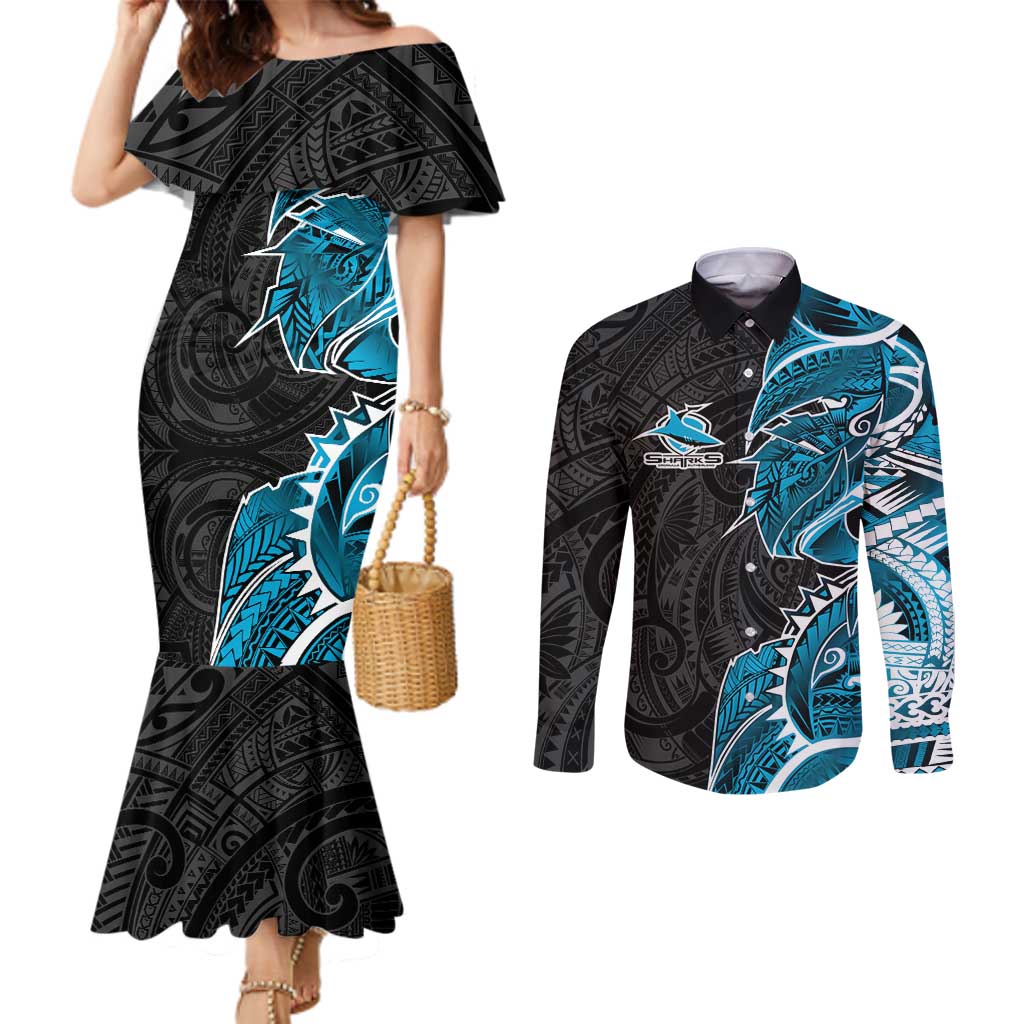Cronulla Sharks Couples Matching Mermaid Dress and Long Sleeve Button Shirt Polynesian Tribal Tattoo Pacific Sport Art