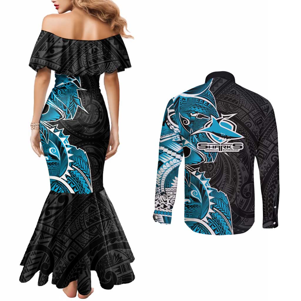 Cronulla Sharks Couples Matching Mermaid Dress and Long Sleeve Button Shirt Polynesian Tribal Tattoo Pacific Sport Art