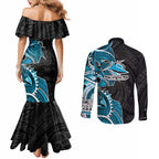 Cronulla Sharks Couples Matching Mermaid Dress and Long Sleeve Button Shirt Polynesian Tribal Tattoo Pacific Sport Art