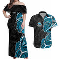 Cronulla Sharks Couples Matching Off Shoulder Maxi Dress and Hawaiian Shirt Polynesian Tribal Tattoo Pacific Sport Art