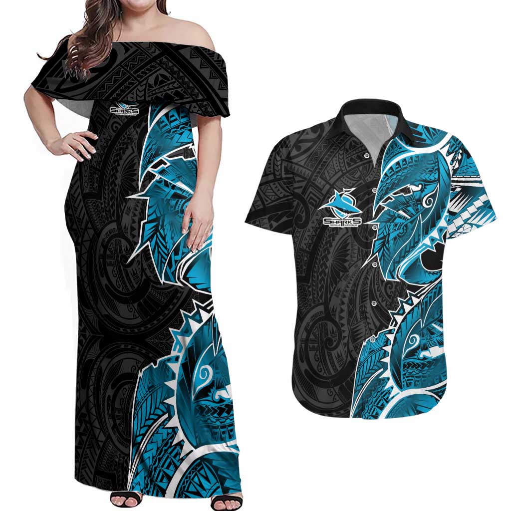Cronulla Sharks Couples Matching Off Shoulder Maxi Dress and Hawaiian Shirt Polynesian Tribal Tattoo Pacific Sport Art
