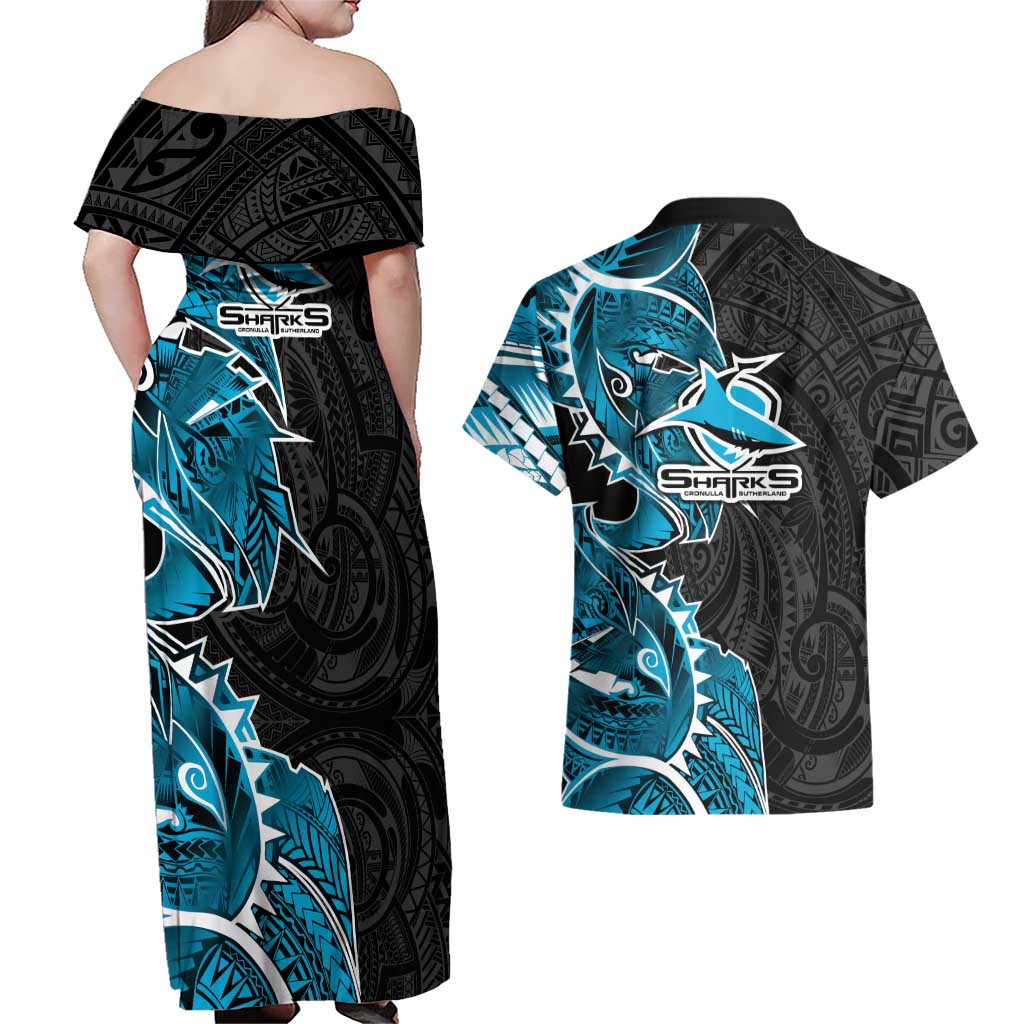 Cronulla Sharks Couples Matching Off Shoulder Maxi Dress and Hawaiian Shirt Polynesian Tribal Tattoo Pacific Sport Art