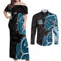 Cronulla Sharks Couples Matching Off Shoulder Maxi Dress and Long Sleeve Button Shirt Polynesian Tribal Tattoo Pacific Sport Art