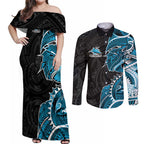 Cronulla Sharks Couples Matching Off Shoulder Maxi Dress and Long Sleeve Button Shirt Polynesian Tribal Tattoo Pacific Sport Art