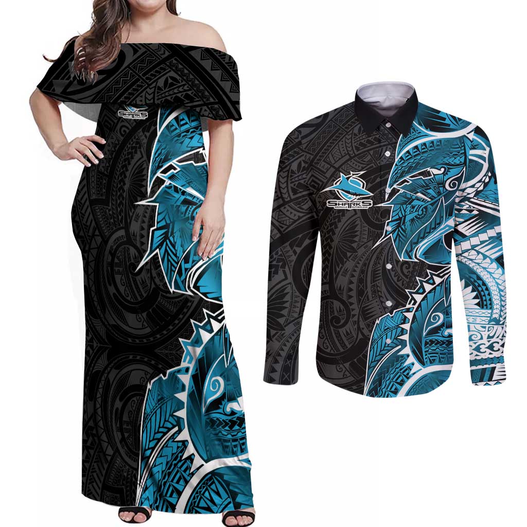 Cronulla Sharks Couples Matching Off Shoulder Maxi Dress and Long Sleeve Button Shirt Polynesian Tribal Tattoo Pacific Sport Art