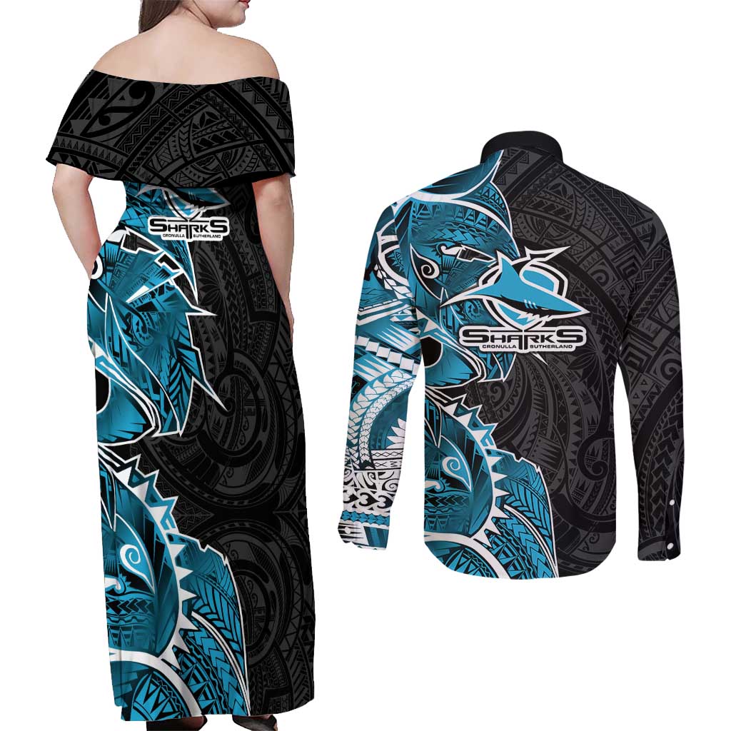 Cronulla Sharks Couples Matching Off Shoulder Maxi Dress and Long Sleeve Button Shirt Polynesian Tribal Tattoo Pacific Sport Art