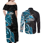 Cronulla Sharks Couples Matching Off Shoulder Maxi Dress and Long Sleeve Button Shirt Polynesian Tribal Tattoo Pacific Sport Art
