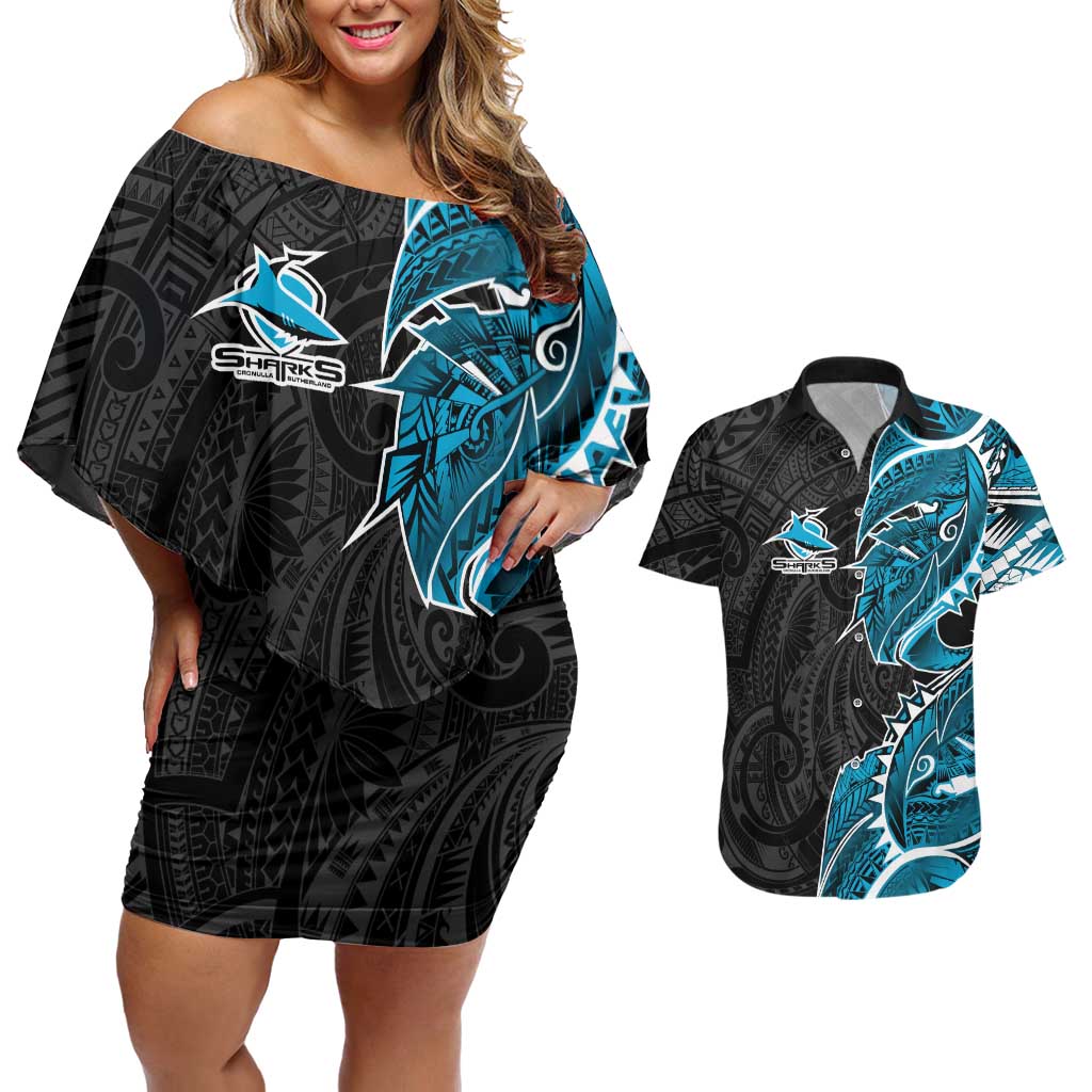 Cronulla Sharks Couples Matching Off Shoulder Short Dress and Hawaiian Shirt Polynesian Tribal Tattoo Pacific Sport Art