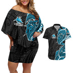 Cronulla Sharks Couples Matching Off Shoulder Short Dress and Hawaiian Shirt Polynesian Tribal Tattoo Pacific Sport Art