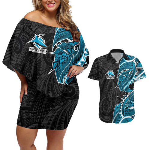 Cronulla Sharks Couples Matching Off Shoulder Short Dress and Hawaiian Shirt Polynesian Tribal Tattoo Pacific Sport Art