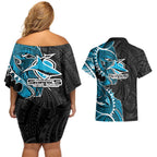 Cronulla Sharks Couples Matching Off Shoulder Short Dress and Hawaiian Shirt Polynesian Tribal Tattoo Pacific Sport Art