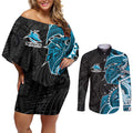 Cronulla Sharks Couples Matching Off Shoulder Short Dress and Long Sleeve Button Shirt Polynesian Tribal Tattoo Pacific Sport Art