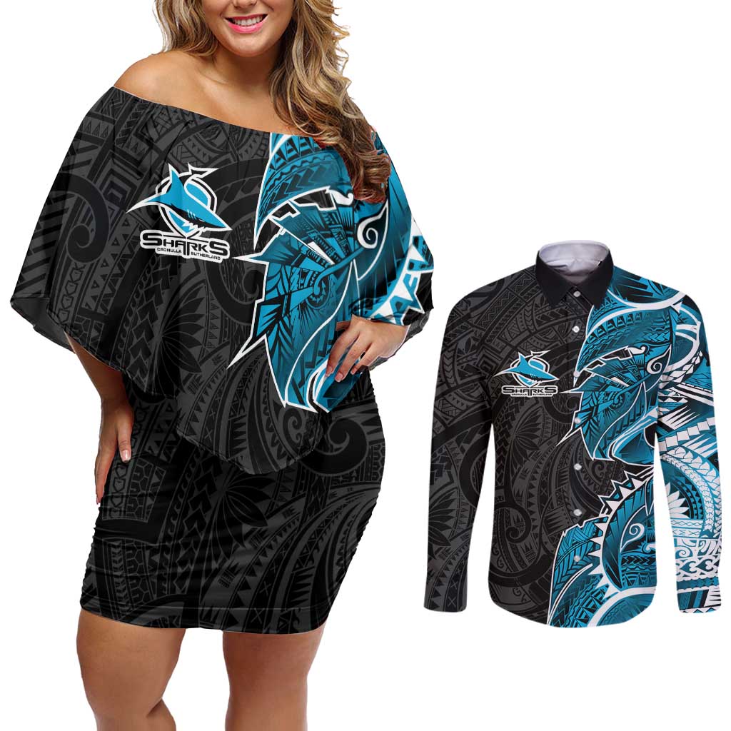Cronulla Sharks Couples Matching Off Shoulder Short Dress and Long Sleeve Button Shirt Polynesian Tribal Tattoo Pacific Sport Art