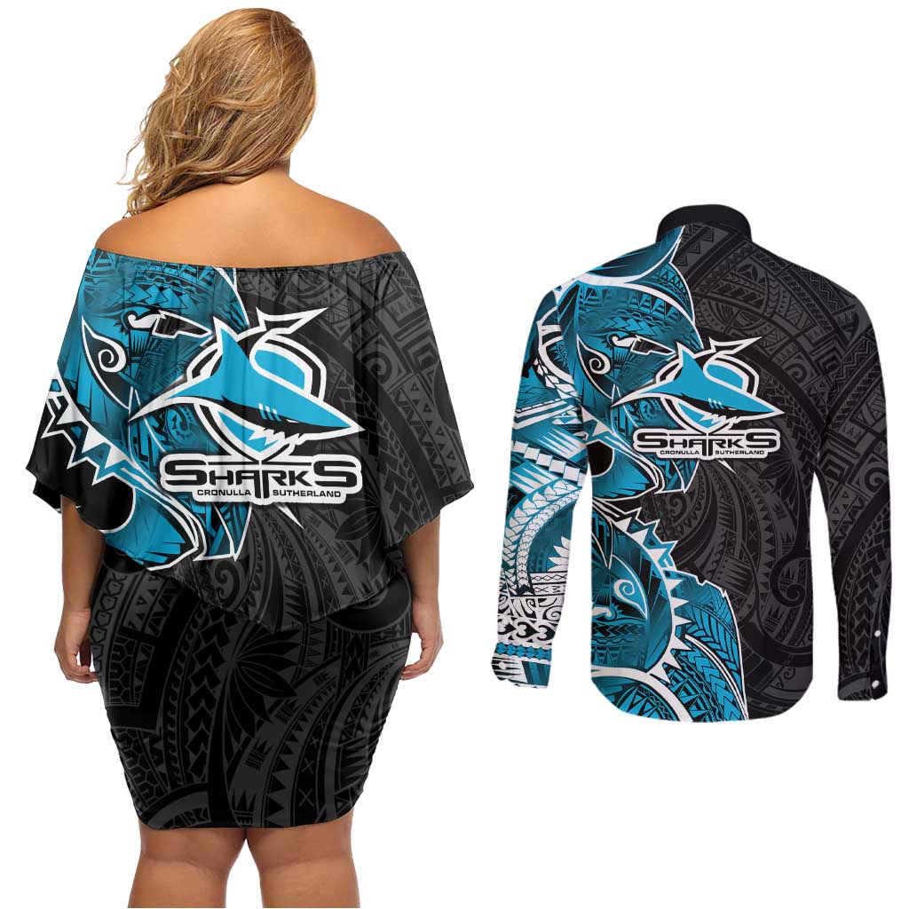 Cronulla Sharks Couples Matching Off Shoulder Short Dress and Long Sleeve Button Shirt Polynesian Tribal Tattoo Pacific Sport Art