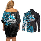 Cronulla Sharks Couples Matching Off Shoulder Short Dress and Long Sleeve Button Shirt Polynesian Tribal Tattoo Pacific Sport Art