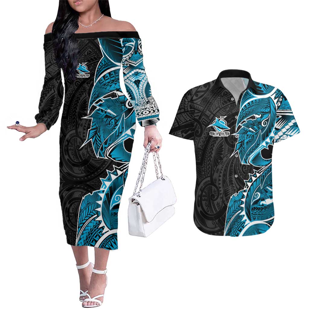 Cronulla Sharks Couples Matching Off The Shoulder Long Sleeve Dress and Hawaiian Shirt Polynesian Tribal Tattoo Pacific Sport Art