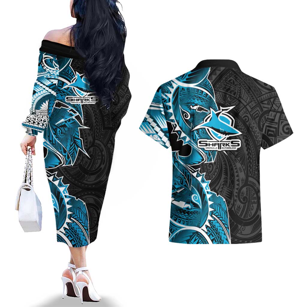Cronulla Sharks Couples Matching Off The Shoulder Long Sleeve Dress and Hawaiian Shirt Polynesian Tribal Tattoo Pacific Sport Art