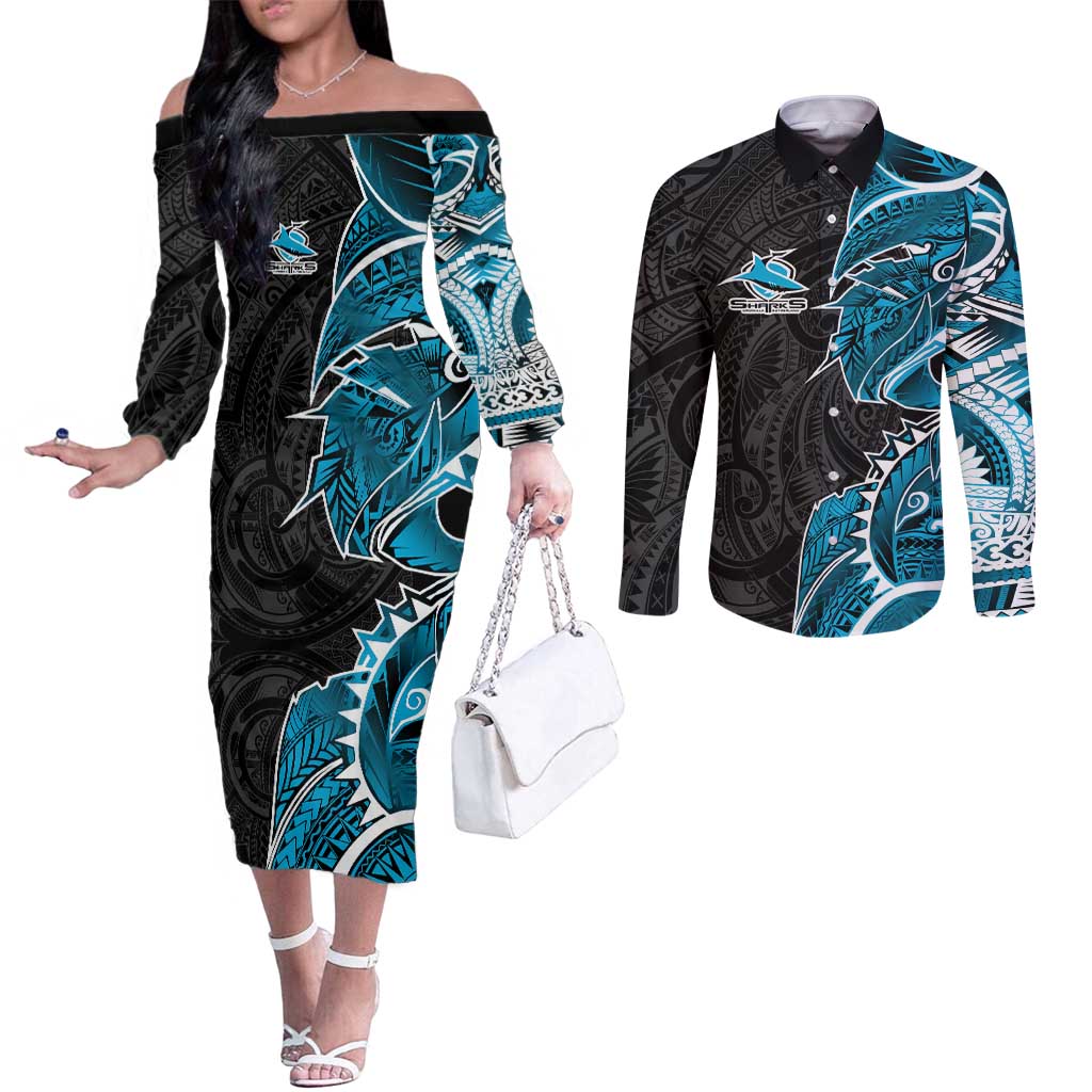Cronulla Sharks Couples Matching Off The Shoulder Long Sleeve Dress and Long Sleeve Button Shirt Polynesian Tribal Tattoo Pacific Sport Art