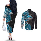 Cronulla Sharks Couples Matching Off The Shoulder Long Sleeve Dress and Long Sleeve Button Shirt Polynesian Tribal Tattoo Pacific Sport Art