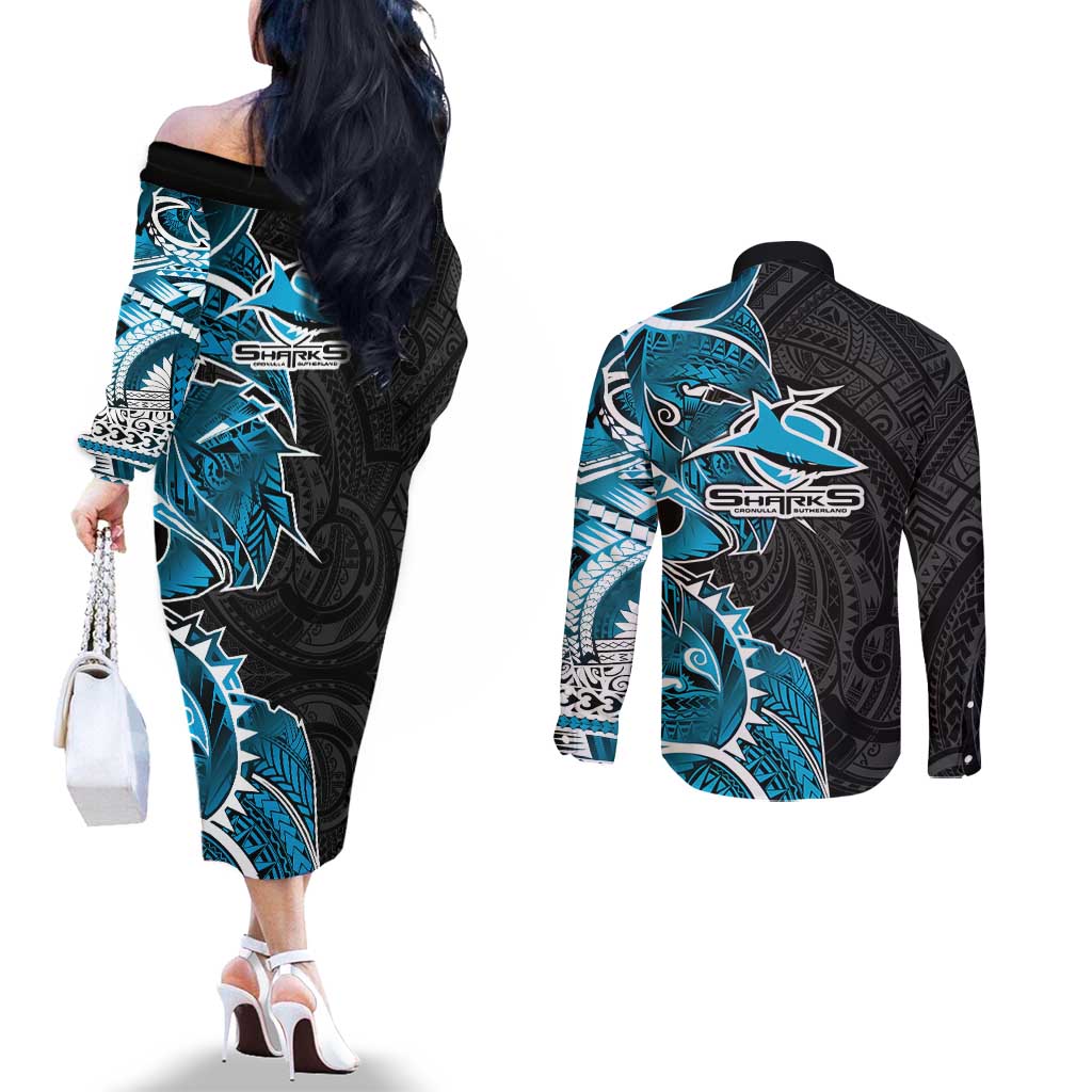 Cronulla Sharks Couples Matching Off The Shoulder Long Sleeve Dress and Long Sleeve Button Shirt Polynesian Tribal Tattoo Pacific Sport Art