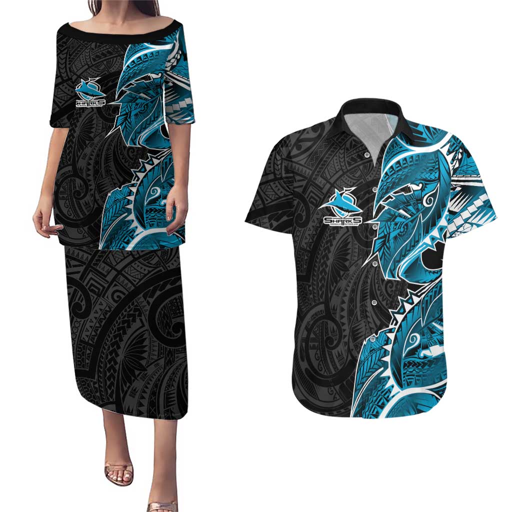 Cronulla Sharks Couples Matching Puletasi and Hawaiian Shirt Polynesian Tribal Tattoo Pacific Sport Art
