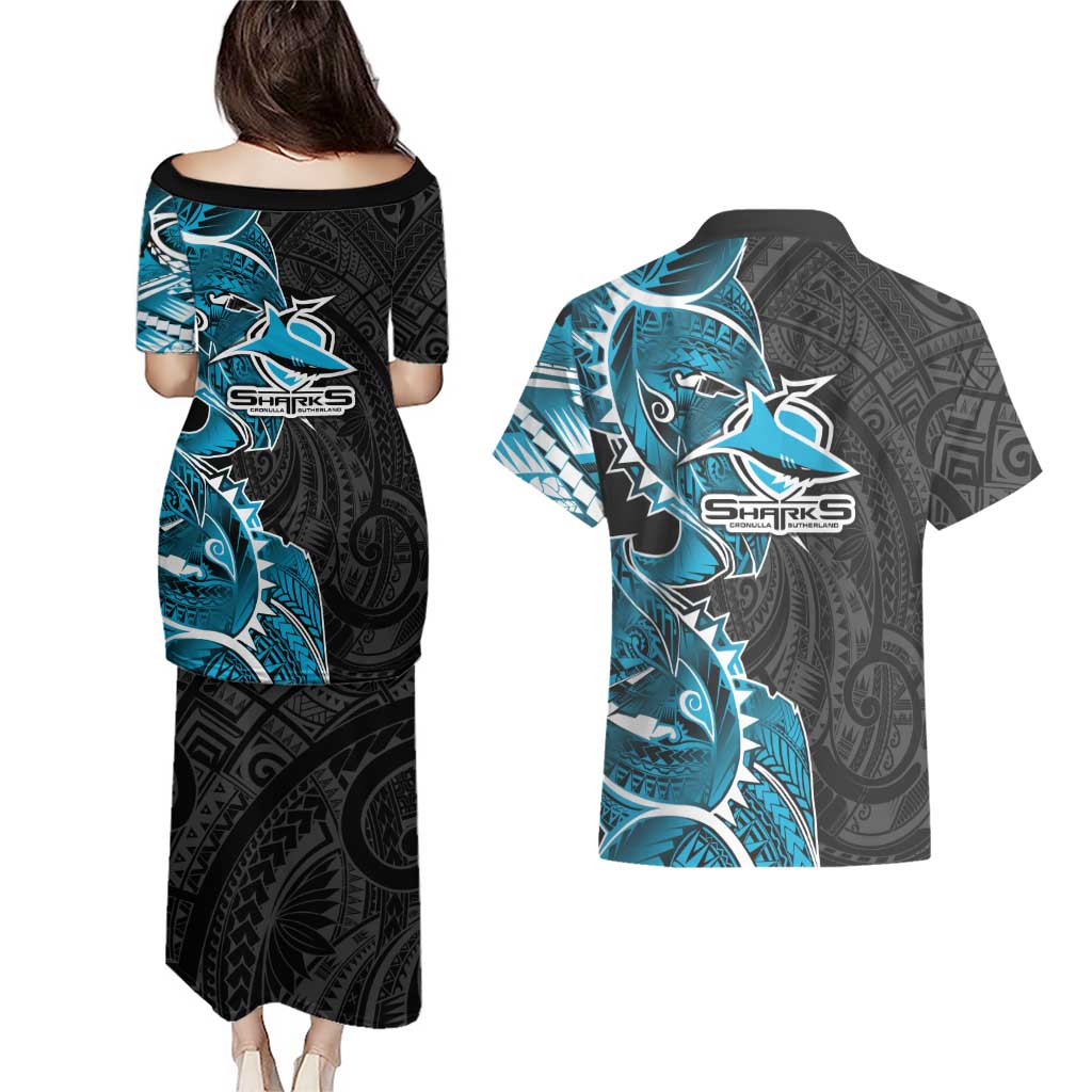 Cronulla Sharks Couples Matching Puletasi and Hawaiian Shirt Polynesian Tribal Tattoo Pacific Sport Art