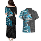 Cronulla Sharks Couples Matching Puletasi and Hawaiian Shirt Polynesian Tribal Tattoo Pacific Sport Art