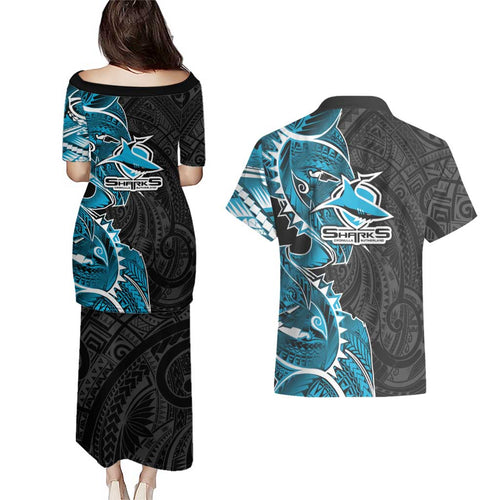 Cronulla Sharks Couples Matching Puletasi and Hawaiian Shirt Polynesian Tribal Tattoo Pacific Sport Art