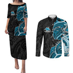 Cronulla Sharks Couples Matching Puletasi and Long Sleeve Button Shirt Polynesian Tribal Tattoo Pacific Sport Art