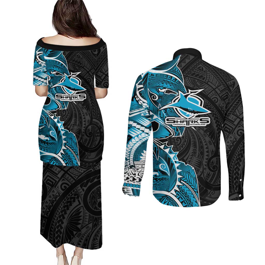 Cronulla Sharks Couples Matching Puletasi and Long Sleeve Button Shirt Polynesian Tribal Tattoo Pacific Sport Art