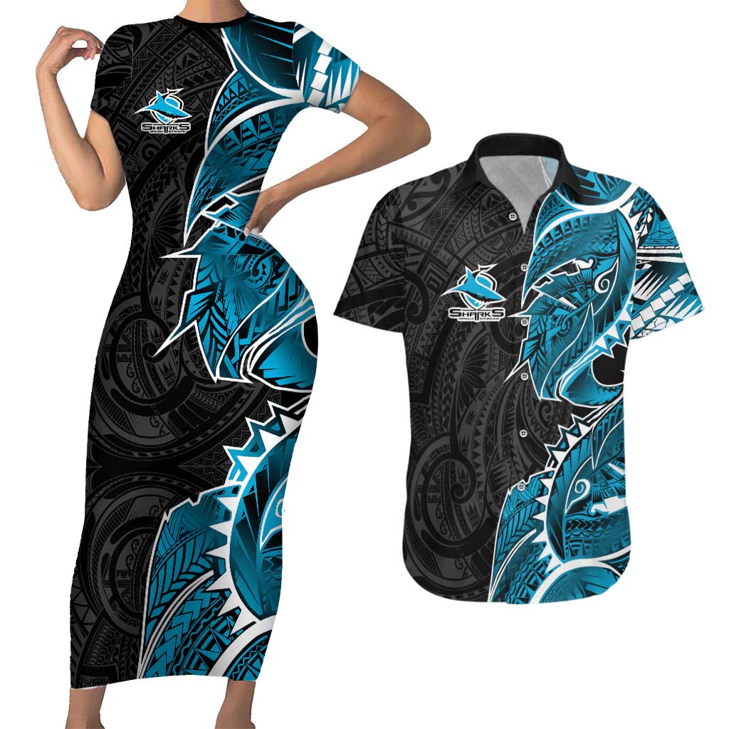 Cronulla Sharks Couples Matching Short Sleeve Bodycon Dress and Hawaiian Shirt Polynesian Tribal Tattoo Pacific Sport Art
