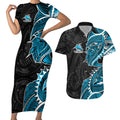 Cronulla Sharks Couples Matching Short Sleeve Bodycon Dress and Hawaiian Shirt Polynesian Tribal Tattoo Pacific Sport Art