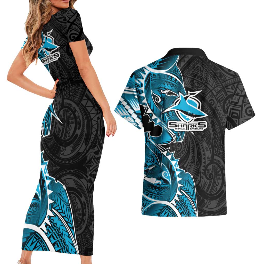Cronulla Sharks Couples Matching Short Sleeve Bodycon Dress and Hawaiian Shirt Polynesian Tribal Tattoo Pacific Sport Art