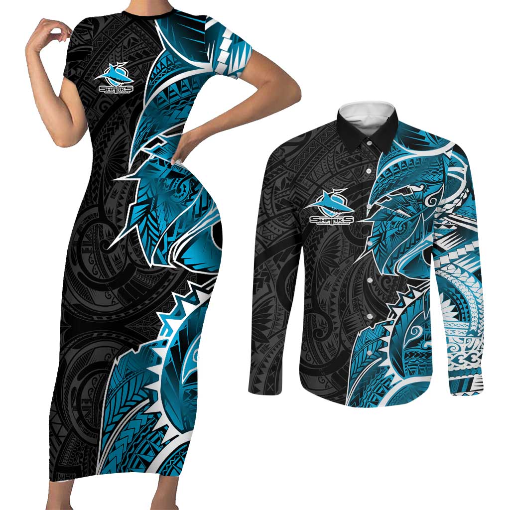 Cronulla Sharks Couples Matching Short Sleeve Bodycon Dress and Long Sleeve Button Shirt Polynesian Tribal Tattoo Pacific Sport Art