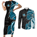 Cronulla Sharks Couples Matching Short Sleeve Bodycon Dress and Long Sleeve Button Shirt Polynesian Tribal Tattoo Pacific Sport Art