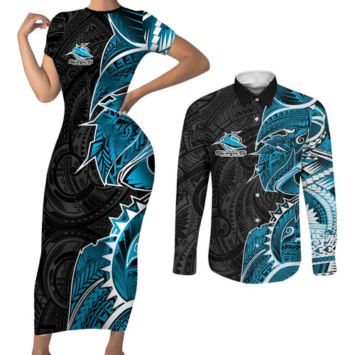 Cronulla Sharks Couples Matching Short Sleeve Bodycon Dress and Long Sleeve Button Shirt Polynesian Tribal Tattoo Pacific Sport Art