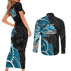 Cronulla Sharks Couples Matching Short Sleeve Bodycon Dress and Long Sleeve Button Shirt Polynesian Tribal Tattoo Pacific Sport Art