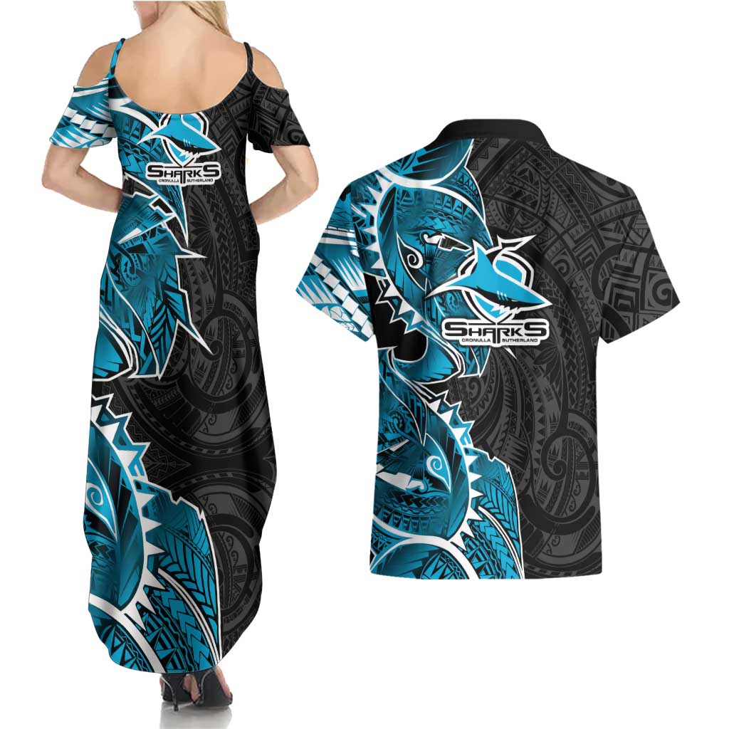 Cronulla Sharks Couples Matching Summer Maxi Dress and Hawaiian Shirt Polynesian Tribal Tattoo Pacific Sport Art