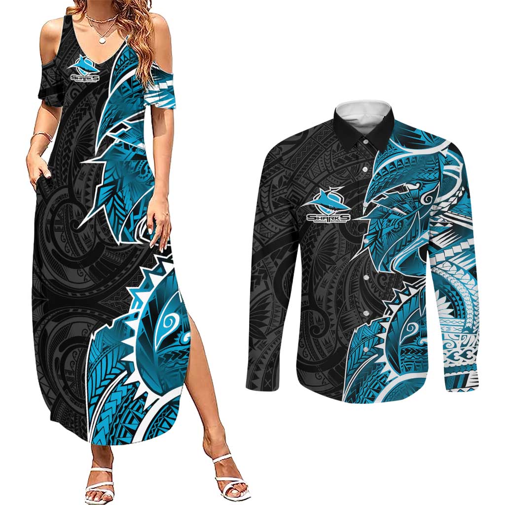 Cronulla Sharks Couples Matching Summer Maxi Dress and Long Sleeve Button Shirt Polynesian Tribal Tattoo Pacific Sport Art