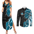 Cronulla Sharks Couples Matching Summer Maxi Dress and Long Sleeve Button Shirt Polynesian Tribal Tattoo Pacific Sport Art