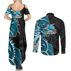 Cronulla Sharks Couples Matching Summer Maxi Dress and Long Sleeve Button Shirt Polynesian Tribal Tattoo Pacific Sport Art