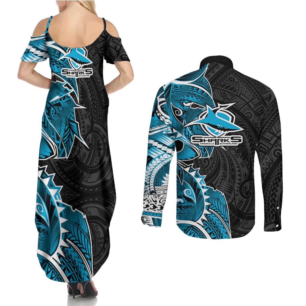 Cronulla Sharks Couples Matching Summer Maxi Dress and Long Sleeve Button Shirt Polynesian Tribal Tattoo Pacific Sport Art