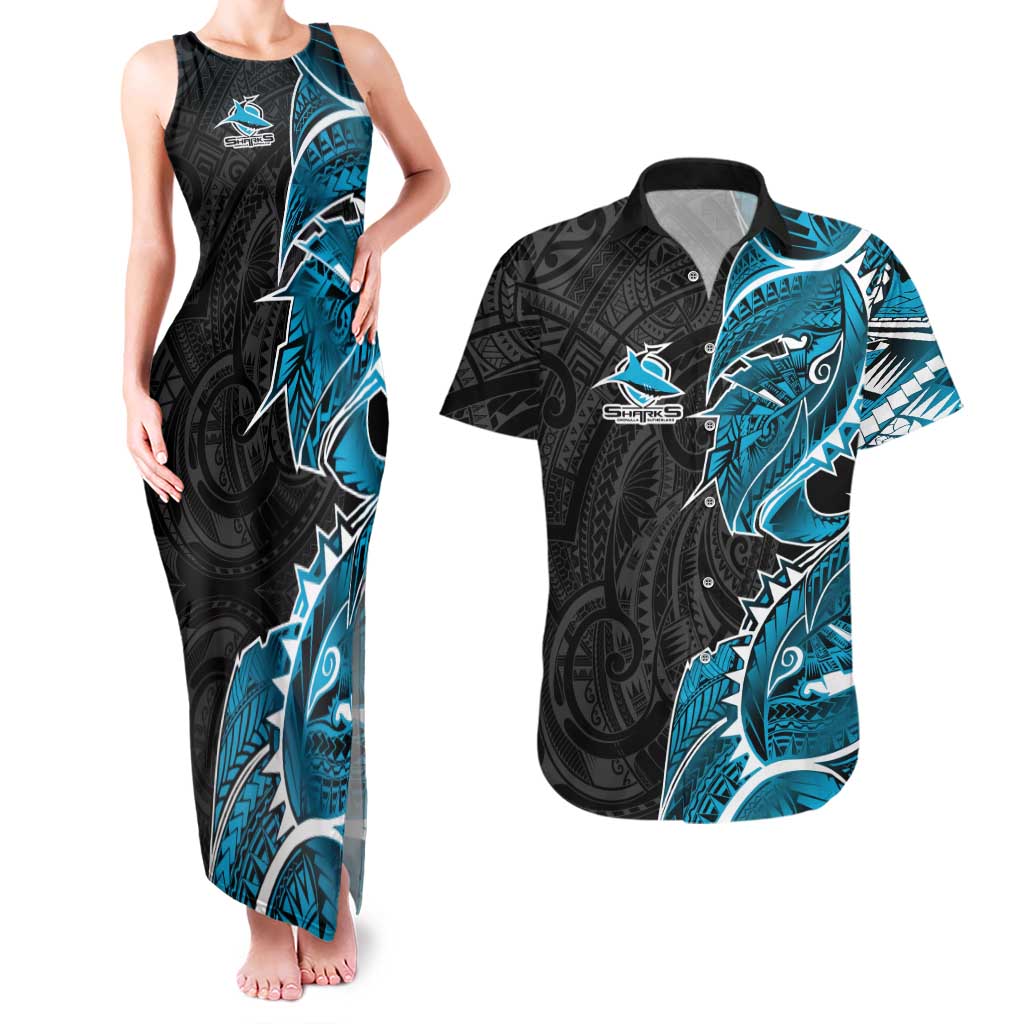 Cronulla Sharks Couples Matching Tank Maxi Dress and Hawaiian Shirt Polynesian Tribal Tattoo Pacific Sport Art
