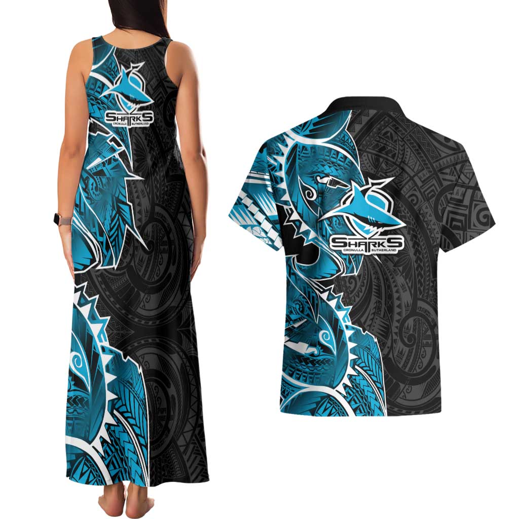 Cronulla Sharks Couples Matching Tank Maxi Dress and Hawaiian Shirt Polynesian Tribal Tattoo Pacific Sport Art