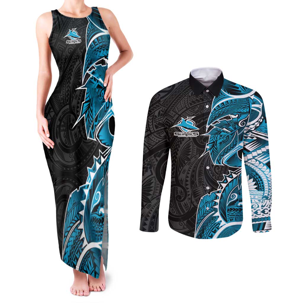 Cronulla Sharks Couples Matching Tank Maxi Dress and Long Sleeve Button Shirt Polynesian Tribal Tattoo Pacific Sport Art